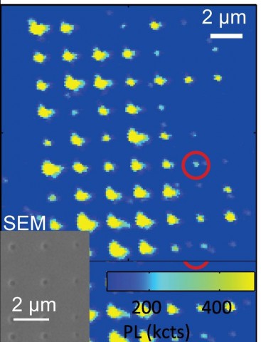 Die Fehlstellen im Diamanten unter dem Laser-Scan-Mikroskop (großes Bild) beziehungsweise unter dem Rasterelektronenmikroskop (Bild: F.J. Heremans und D. Awschalom/U. Chicago und K. Ohno/UCSB)