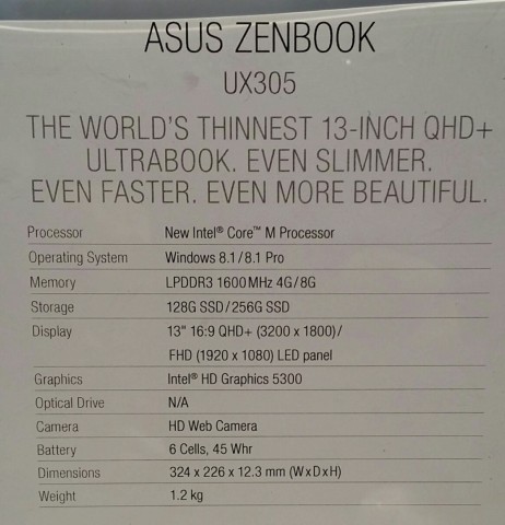 Das Datenblatt des UX 305 auf der Ifa (Bild: Asus)