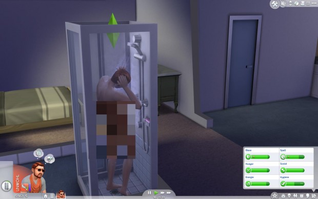 Beim Duschen verpixelt das Spiel bestimmte Körperstellen... (Screenshot: Golem.de)