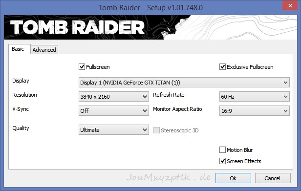Die Einstellungen in Tomb Raider für die Vergleichsbilder (Screenshot: Joachim Otahal)