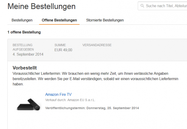 Unser zweites Fire TV soll Ende September eintreffen. (Screenshot: Golem.de)