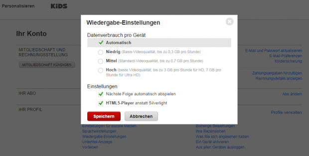 Umschalten auf HTML5 bei Netflix