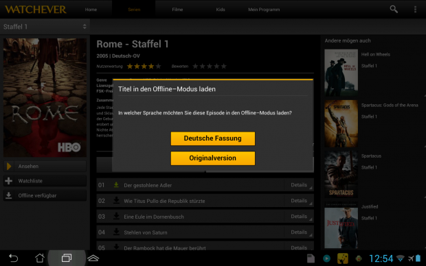 Offline-Modus am Beispiel von Watchever - für die Sprache muss man sich leider entscheiden, aber ...