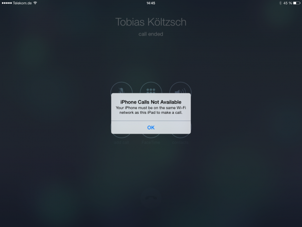 Wenn das iPhone nicht im WLAN ist, kommt dieser Fehler beim Versuch des Aufbaus eines GSM-Telefonats.(Screenshot: Golem.de)