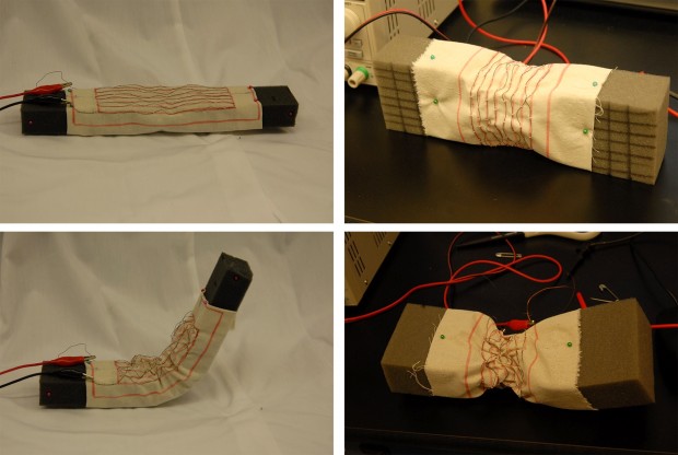 Robotisches Gewebe: Durch die Fäden aus einer Formgedächtnislegierung kann ein Schaumstoffblock verformt werden. (Foto: Rebecca Kramer/Purdue University) 