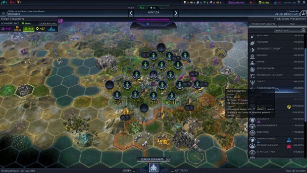 Kleine Symbole neben den Bauoptionen verraten, welches Gebäude sich aus militärischer, monetarischer, wissenschaftlicher oder kultureller Sicht lohnen würde.