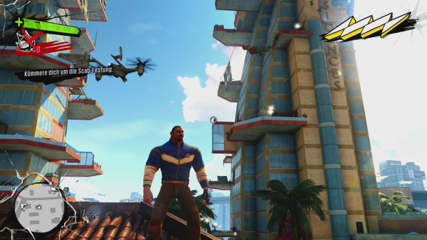 An den Hochhäusern links und rechts im Hintergrund müssen wir hochgelangen ... (Screenshot: Golem.de)