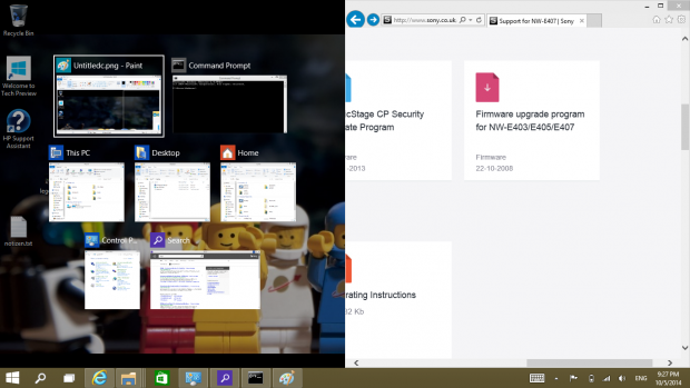 Nach einem Snap wird Task View automatisch angezeigt. So sieht der Anwender sofort versteckte Fenster. (Screenshot: Golem.de)