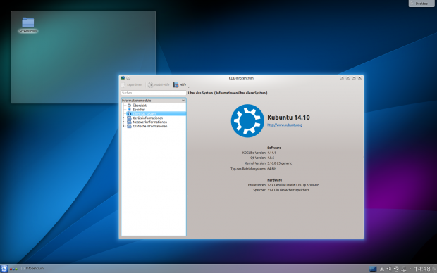 Die Standard-Version von Kubuntu 14.10 hat den Plasma Desktop 4 samt den dazugehörigen Anwendungen aus KDE SC lediglich aktualisiert.