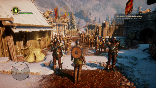 Im Ort Haven begrüßt uns eine Ehrengarde (PS4). (Screenshot: Golem.de)