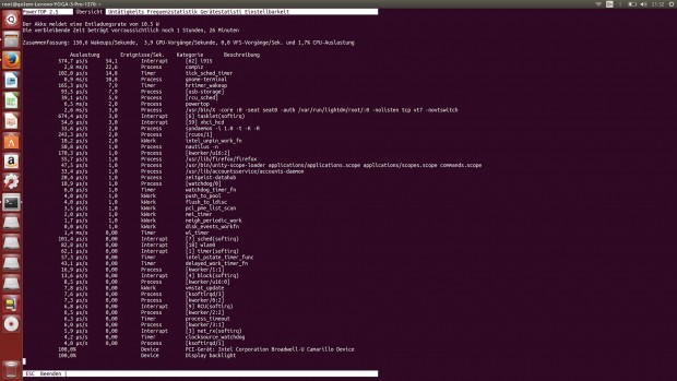 Die Leistungsaufnahme des Yoga 3 Pro unter Linux ist auch wegen des Bildschirms noch ziemlich hoch, hier bei 3.200 x 1.800 Bildpunkten und maximaler Helligkeit und... (Screenshot: Golem.de)