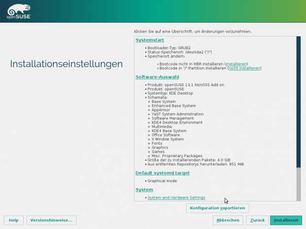 kann in der Zusammenfassung eine Konfigurationsdatei f&uuml;r Auto-Yast gespeichert werden. 