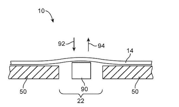 Apples Patentantrag 111164 beschreibt ein Display mit fühlbaren Erhebungen und nachgebender Oberfläche.