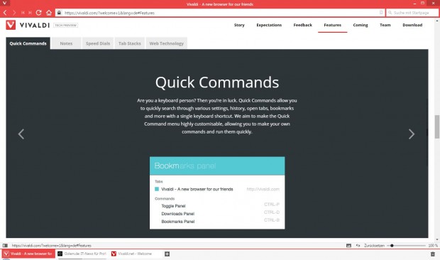 Vivaldi lässt sich mit der Tastatur bedienen. (Screenshot: Golem.de)