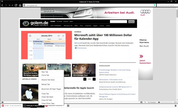 Lediglich das Tab-Kontextmenü ist nicht in deutscher Sprache. (Screenshot: Golem.de)