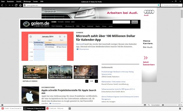 Vivaldi mit klassischem Menü am oberern Bildrand (Screenshot: Golem.de)