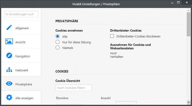 Privatsphären-Einstellungen in Vivaldi (Screenshot: Golem.de)