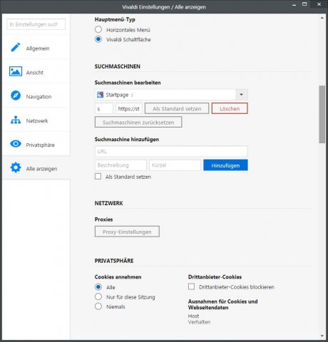 Vivaldi mit wichtigen voreingestellten Suchmaschinen (Screenshot: Golem.de)