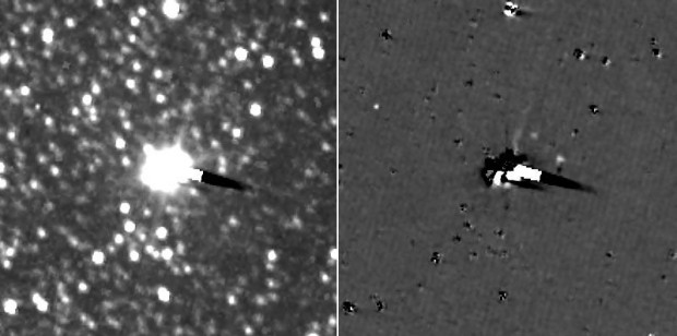 Ohne Markierungen sind die beiden Minimonde kaum zu erkennen. Plutos vermeintlicher Kometenschweif ist ein Kamera-Artefakt. (Foto: NASA/Johns Hopkins University Applied Physics Laboratory/Southwest Research Institute)