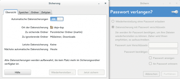 Am Desktop nutzt SLED Dejadup für Backups der wichtigsten Daten, auch auf externen Geräten.