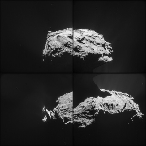 Mosaik aus vier Bildern. Sie wurden aus knapp 32 km aufgenommen und anschließend montiert. (Foto: Esa/Rosetta/NavCam/CC BY-SA IGO 3.0)