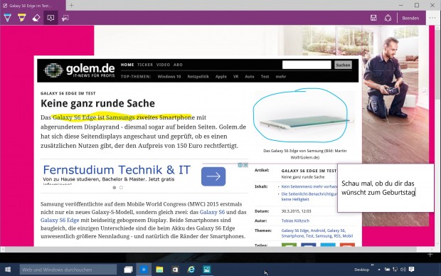 Notizfunktion von Project Spartan (Screenshot: Golem.de)