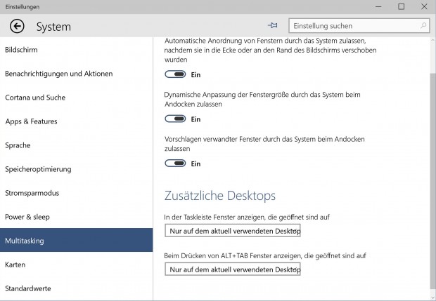 Einstellungen für virtuelle Desktops in Windows 10 Build 10041 (Bild: Golem.de)