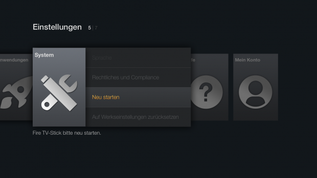 Im Einstellungsmenü gibt es einen Menüpunkt zum Neustart des Fire TV Stick. (Screenshot: Golem.de)