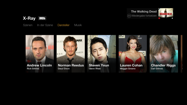 Darsteller&uuml;bersicht in der Fernsehserie The Walking Dead (Screenshot: Golem.de) Anmerkung: Das Standbild wird von Amazon aus rechtlichen Gr&uuml;nden geschw&auml;rzt.