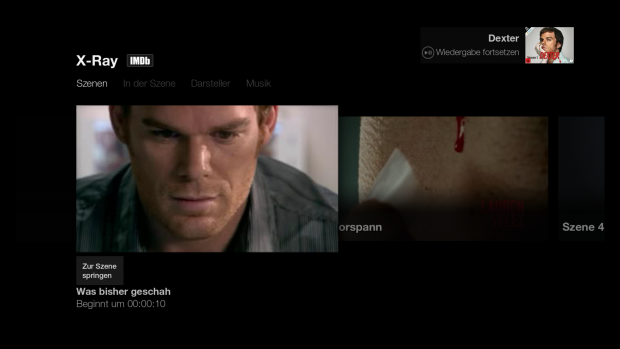 X-Ray Szenen&uuml;bersicht in der Fernsehserie Dexter (Screenshot: Golm.de) Anmerkung: Das Standbild wird von Amazon aus rechtlichen Gr&uuml;nden geschw&auml;rzt.