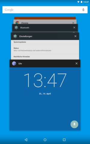 Android 5.1 - &Uuml;bersicht der zuletzt aufgerufenen Apps mit aktivierter Funktion "Bildschirm anheften" (Screenshot: Golem.de)