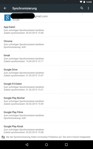 Android 5.1 - manuelle Synchronisation des Google-Kontos wieder m&ouml;glich (Screenshot: Golem.de)