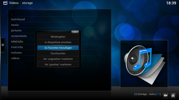 Über das Kontextmenü werden die M3U-Playlisten zu den Kodi-Favoriten hinzugefügt.