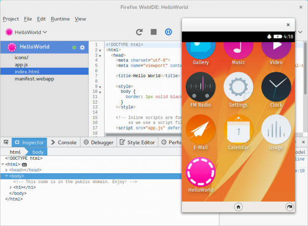 Das simulierte Firefox-Handy führt die über die WebIDE installierte Hello-World-App unter den installierten Anwendungen auf.