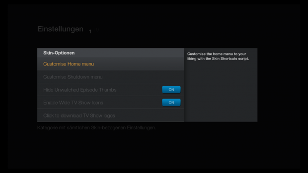 FTV Skin f&uuml;r Kodi: Hier l&auml;sst sich das Skin konfigurieren. (Screenshot: Golem.de)