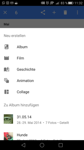 Markieren wir mehrere Fotos und dr&uuml;cken anschlie&szlig;end auf den Plus-Knopf oben rechts, k&ouml;nnen wir leicht neue Geschichten oder Collagen erstellen. (Screenshot: Golem.de)