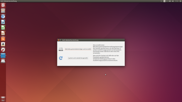 Nach dem ersten Start des Precision M3800 meldet sich der Dell-Wiederherstellungsassistent. Zudem hat Dell das Ubuntu-System leicht angepasst. (Screenshot: Tim Sch&uuml;rmann)