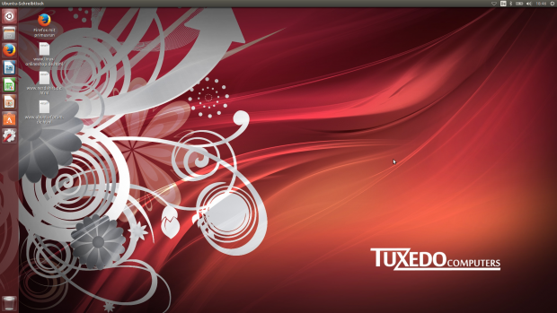 Den Desktop seines Notebooks versch&ouml;nert Tuxedo mit einem eigenen Hintergrundbild sowie Links zu den Seiten des Herstellers und denen von Werbepartnern. (Screenshot: Tim Sch&uuml;rmann)