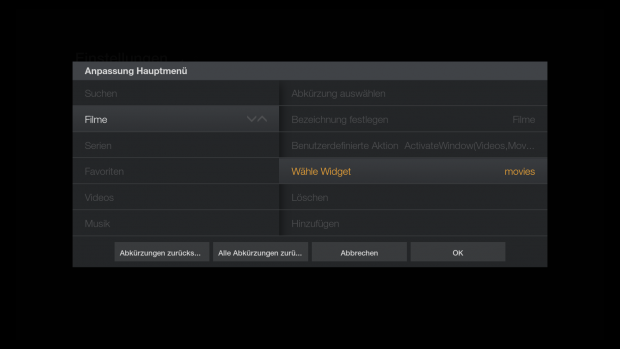 FTV Skin f&uuml;r Kodi: Die Unterkategorien hei&szlig;en Widget. (Screenshot: Golem.de)