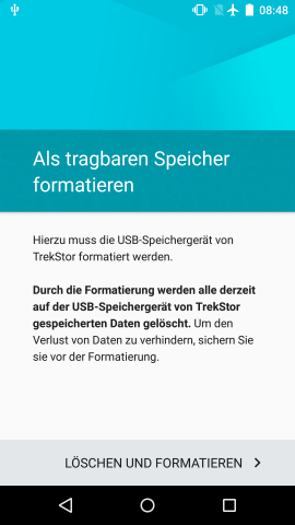 Android M: Eine Formatierung des USB-Sticks ist erforderlich, wenn er als interner Speicher verwendet werden soll. (Screenshot: Golem.de)