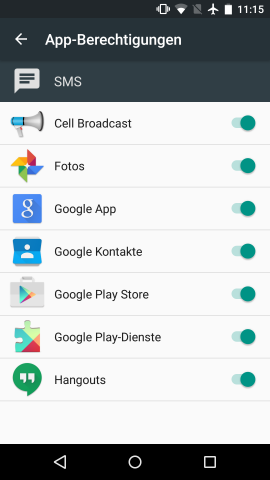 Android M zeigt die Liste der Apps mit Zugriff auf die SMS-Funktion. (Screenshot: Golem.de)