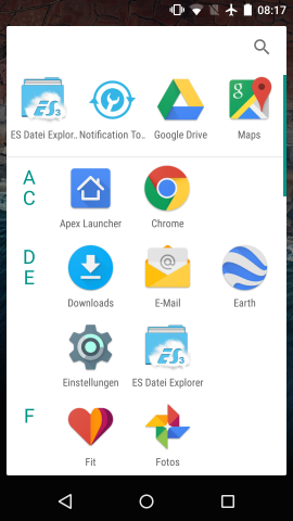 Die neu gestaltete App-Übersicht in Android M hat oben vier Platzhalter. (Screenshot: Golem.de)
