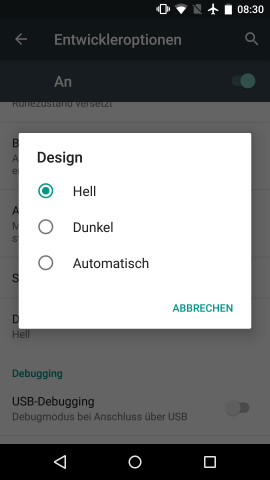 In den Entwickleroptionen von Android M kann die Farbe des Einstellungsmenüs verändert werden. (Screenshot: Golem.de)