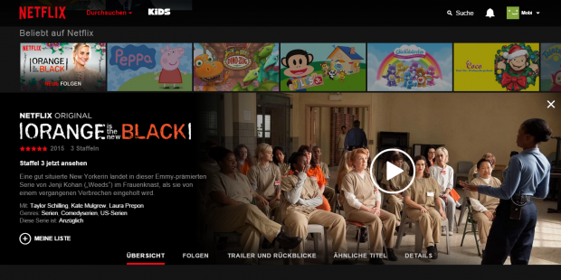 Die Detail-Seite zu einem Eintrag schiebt sich in die Netflix-Hauptoberfl&auml;che. (Screenshot: Golem.de)