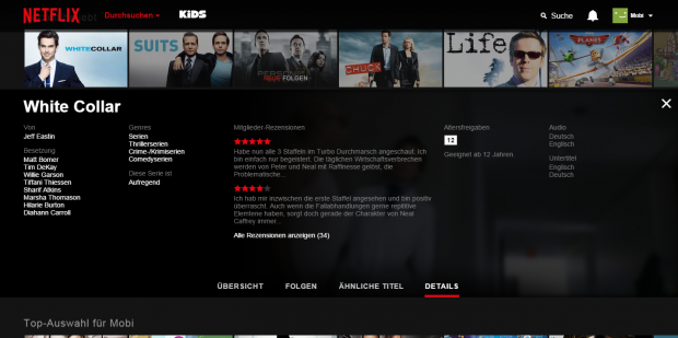 Die Detail-Seite zu einem Eintrag schiebt sich in die Netflix-Hauptoberfl&auml;che. (Screenshot: Golem.de)