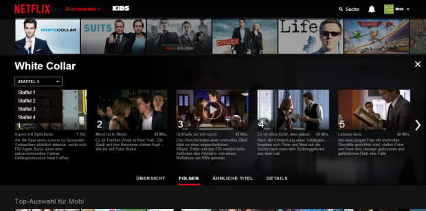 Die Detail-Seite zu einem Eintrag schiebt sich in die Netflix-Hauptoberfl&auml;che. (Screenshot: Golem.de)