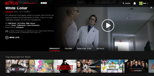 Die Detail-Seite zu einem Eintrag schiebt sich in die Netflix-Hauptoberfl&auml;che. (Screenshot: Golem.de)