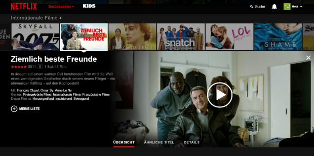 Die Detail-Seite zu einem Eintrag schiebt sich in die Netflix-Hauptoberfl&auml;che. (Screenshot: Golem.de)