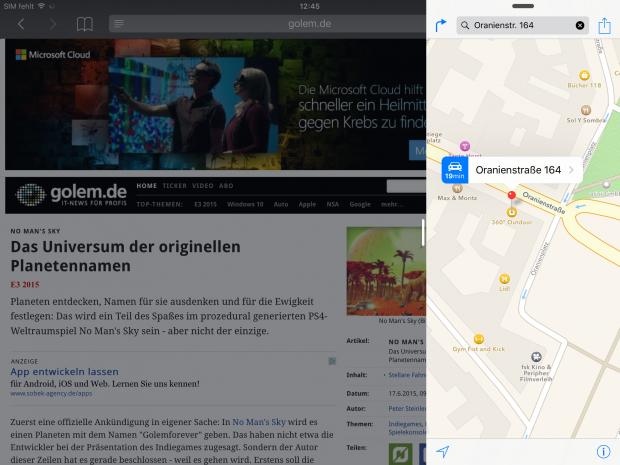 Mit Slide-Over kann durch einen Wisch eine App über eine andere Anwendung gelegt werden. (Screenshot: Golem.de)