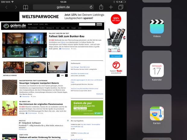 Ein Wisch von oben im Overlay öffnet die Übersicht der Slide-Over-Anwendungen. (Screenshot: Golem.de)